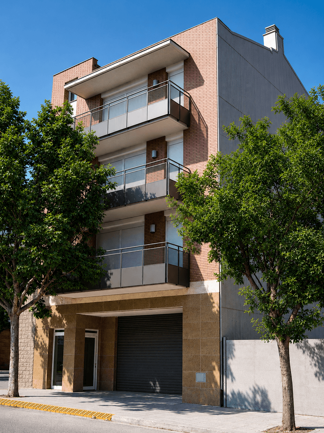 Edificio de cuatro plantas de ladrillo rosado con balcones de vidrio, sobre un porche de acceso con puerta de garaje, entre dos árboles.
