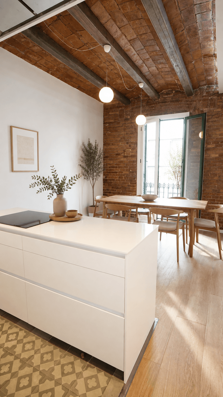 Isla de cocina blanca junto al comedor, con bóveda de ladrillo, mesa de roble y balcón al fondo.