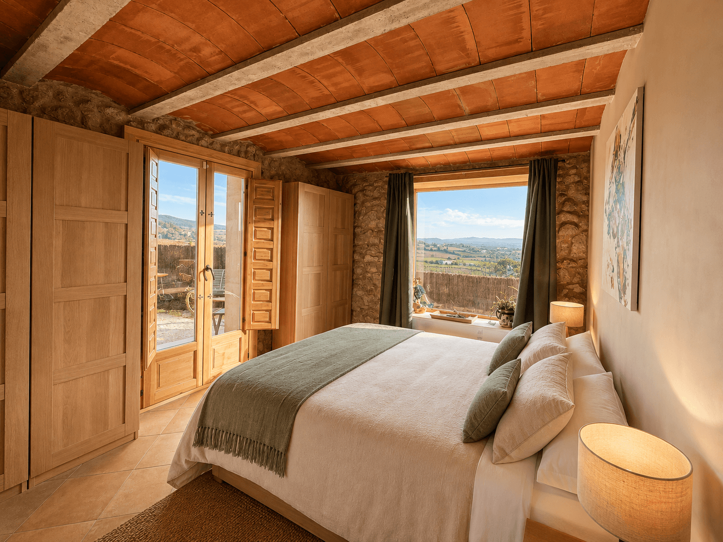 Dormitorio con bóveda catalana de ladrillo, armarios de roble a medida y ventana con vistas al valle.