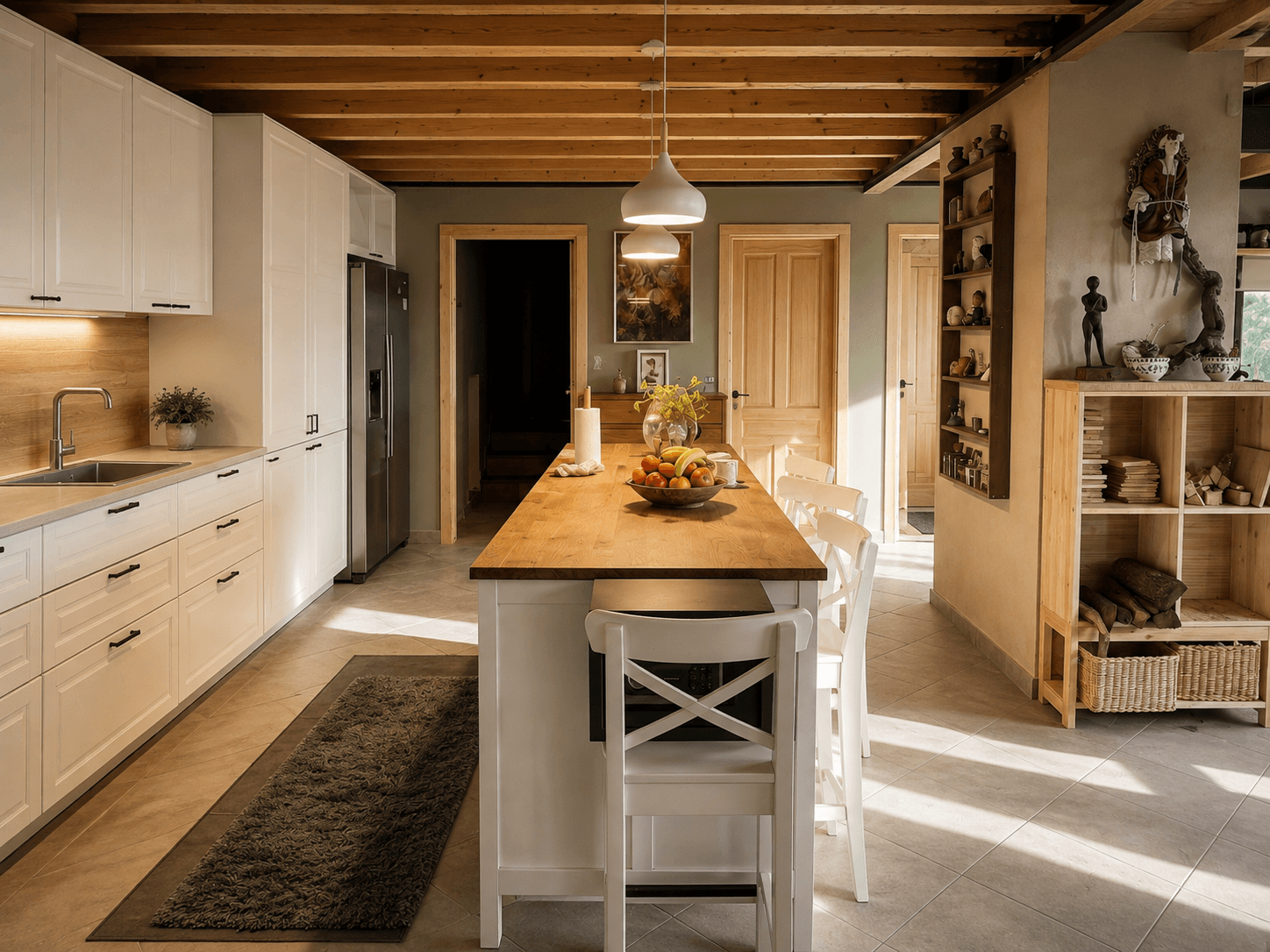 Cocina con frente blanco, isla de encimera de roble con taburetes y estantería de obra con leña a la derecha.