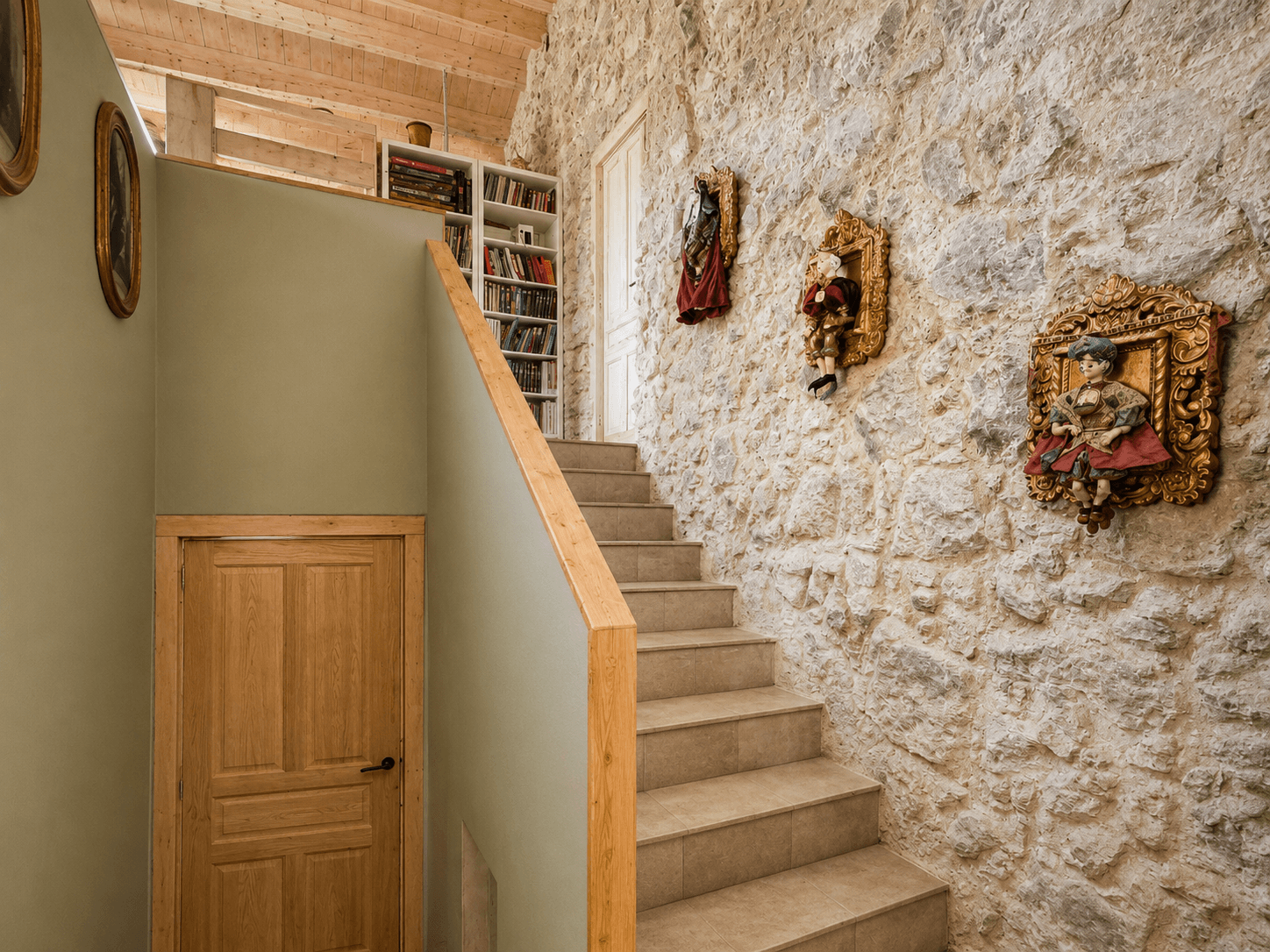 Escalera de la casa entre un muro de piedra original y un tabique verde salvia, con la biblioteca en el rellano.